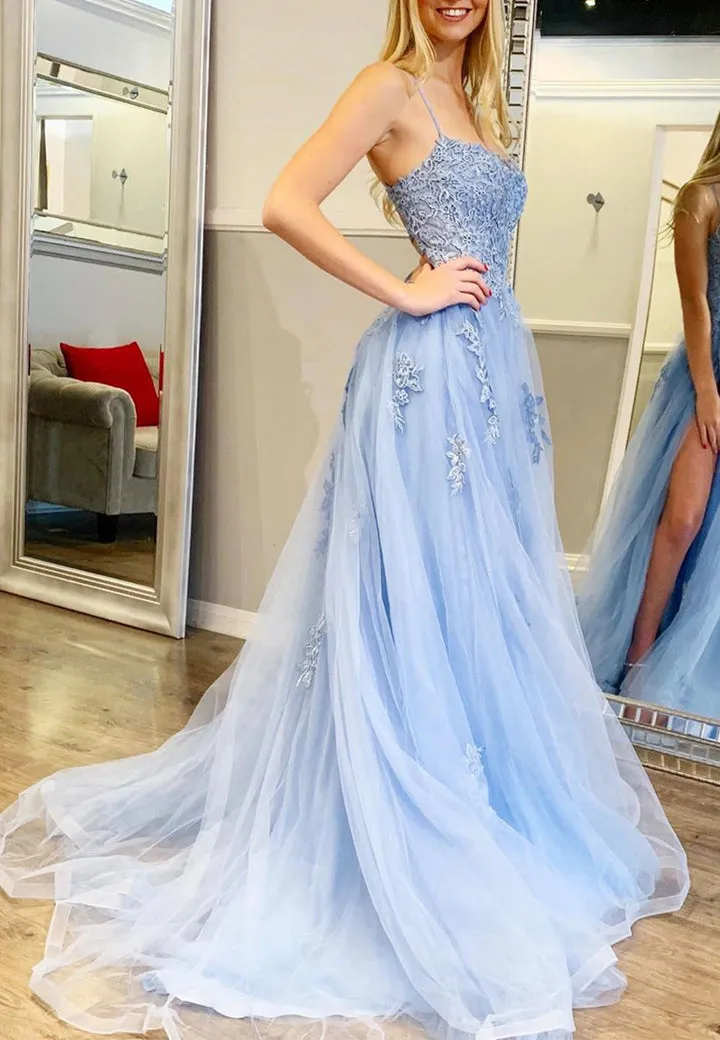 Luolandi A-Line Spaghetti Strap Long Prom Dresses Blue Lace Evening Dresses Sexy