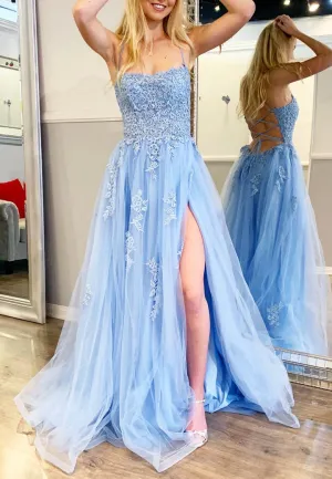 Luolandi A-Line Spaghetti Strap Long Prom Dresses Blue Lace Evening Dresses Sexy