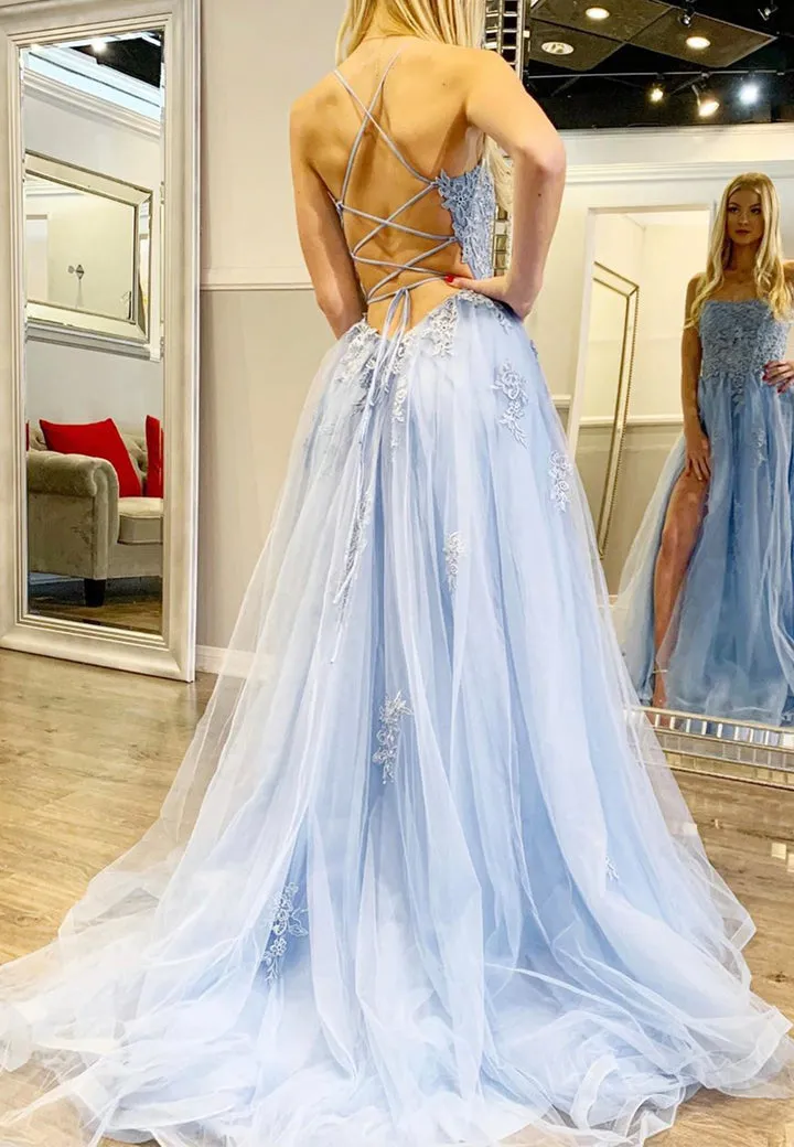 Luolandi A-Line Spaghetti Strap Long Prom Dresses Blue Lace Evening Dresses Sexy