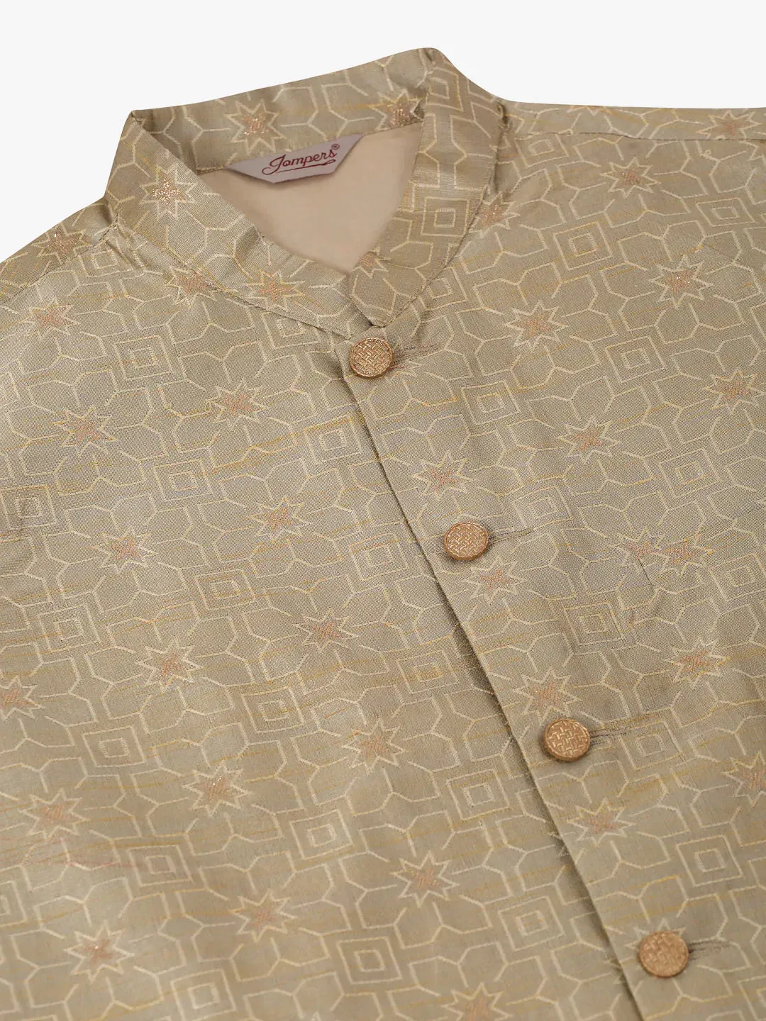 Men Beige & Golden Woven Design Nehru Jackets-Jowc_4045Beige