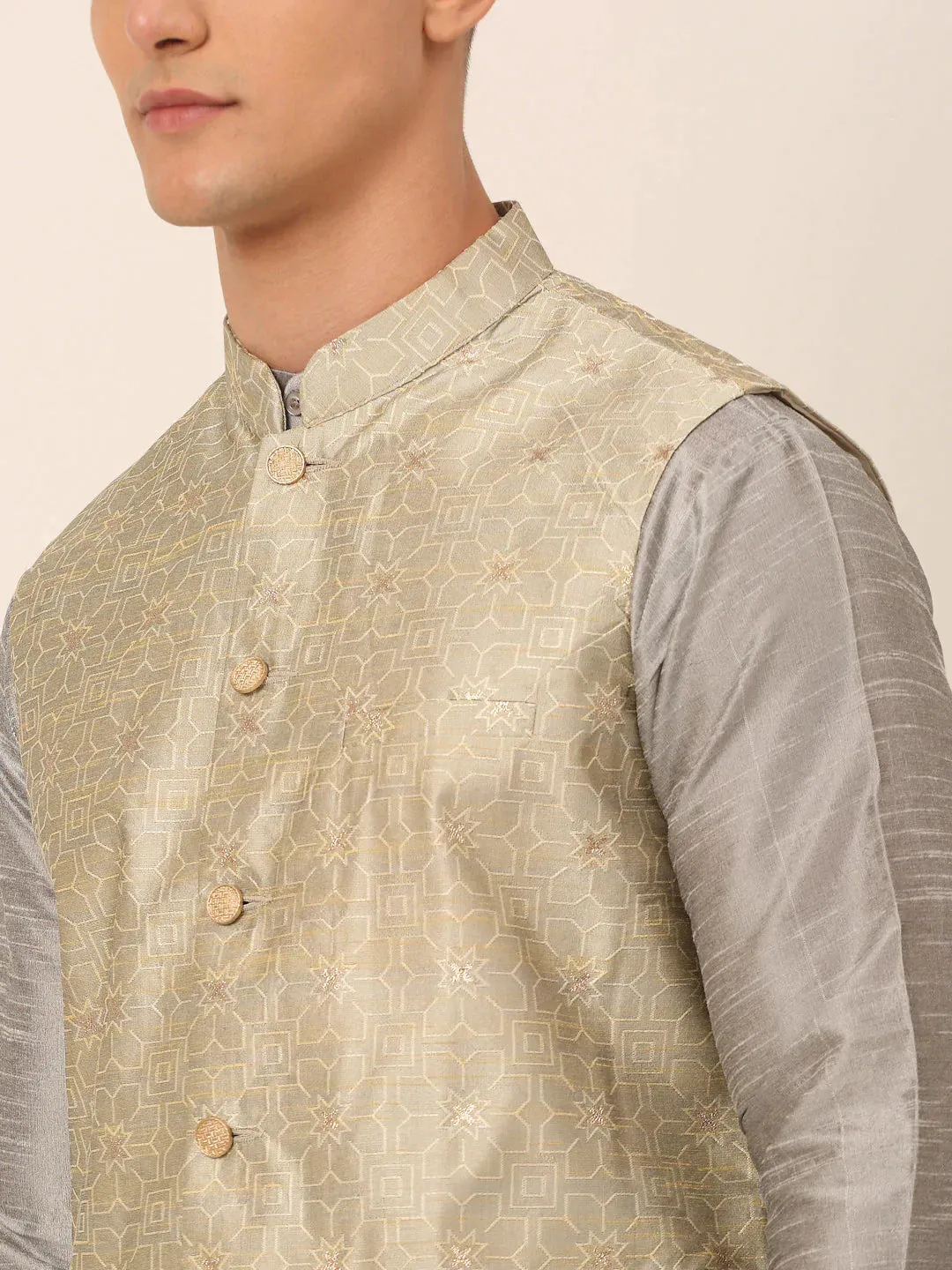 Men Beige & Golden Woven Design Nehru Jackets-Jowc_4045Beige