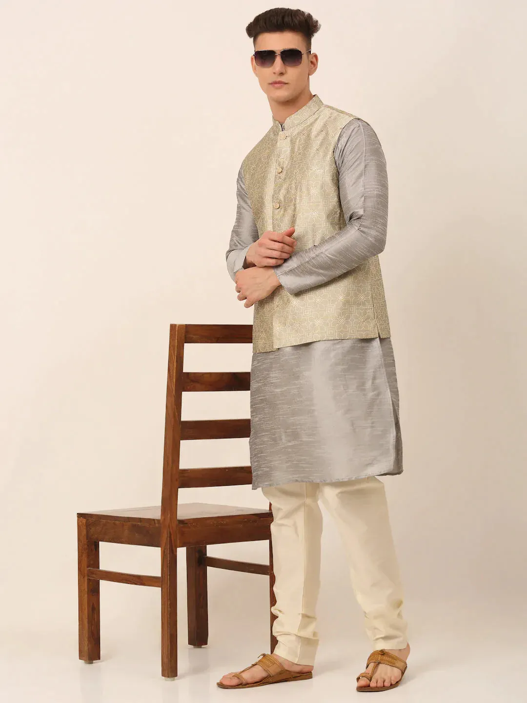 Men Beige & Golden Woven Design Nehru Jackets-Jowc_4045Beige
