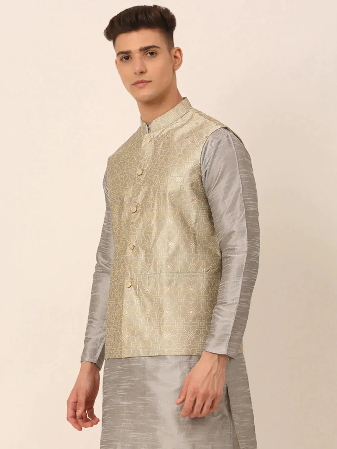 Men Beige & Golden Woven Design Nehru Jackets-Jowc_4045Beige