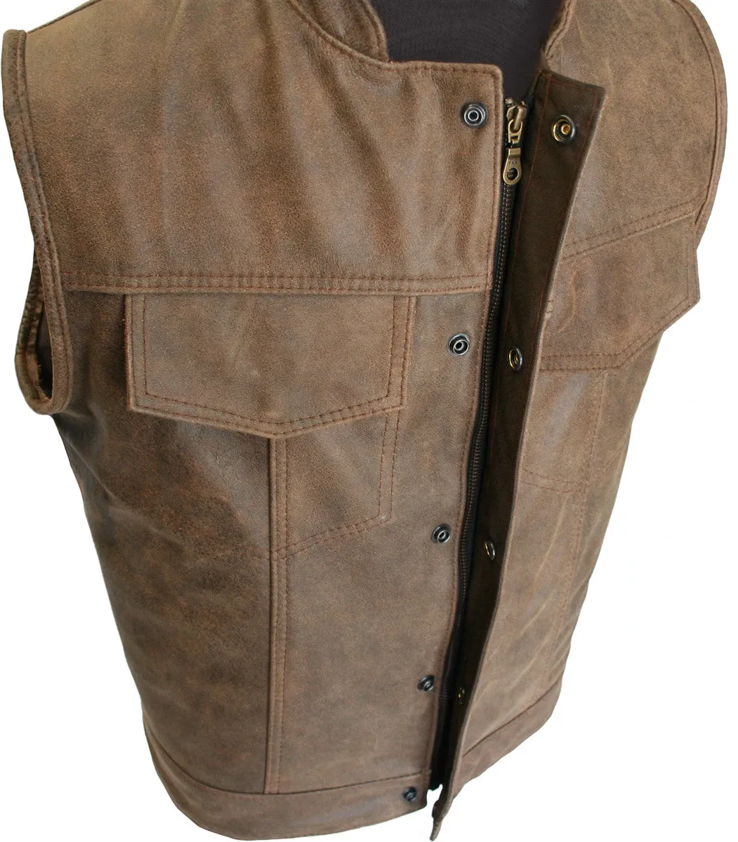 Mens Made in USA Brown Vintage Leather SOA Style Stand Up Collar Motorcycle Vest Gun Pockets