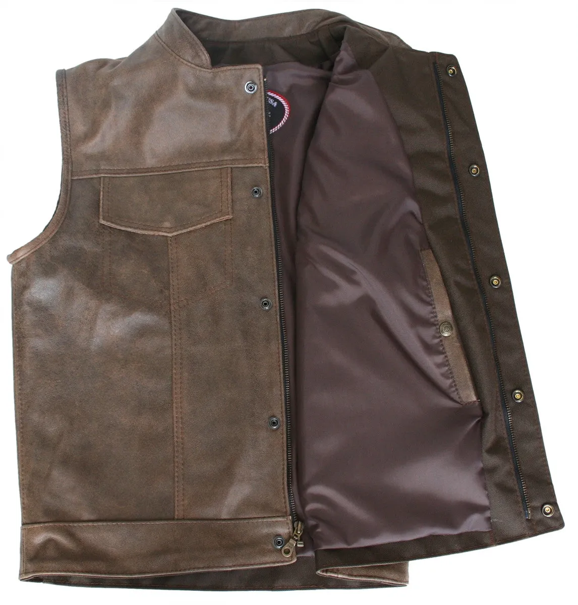 Mens Made in USA Brown Vintage Leather SOA Style Stand Up Collar Motorcycle Vest Gun Pockets