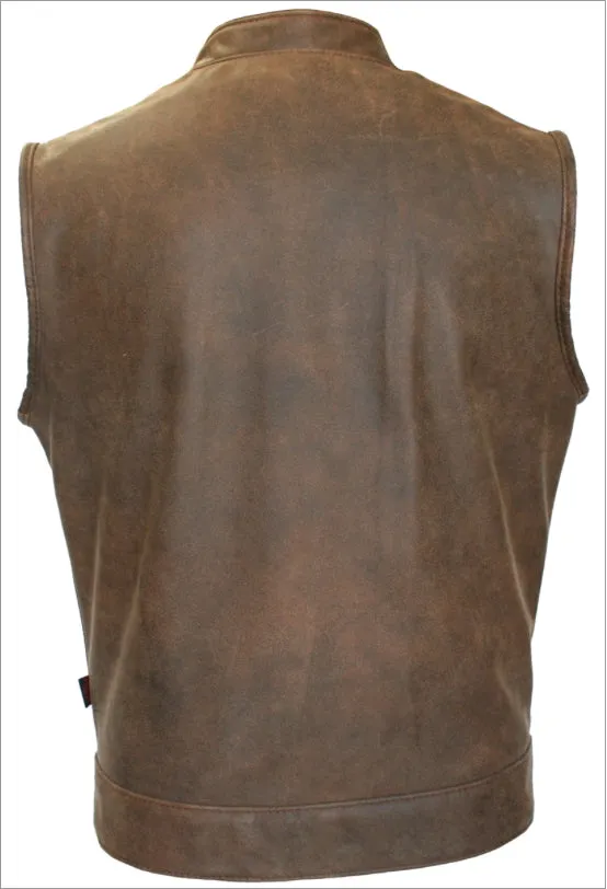 Mens Made in USA Brown Vintage Leather SOA Style Stand Up Collar Motorcycle Vest Gun Pockets