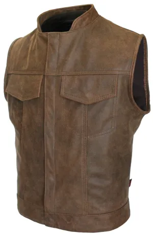 Mens Made in USA Brown Vintage Leather SOA Style Stand Up Collar Motorcycle Vest Gun Pockets