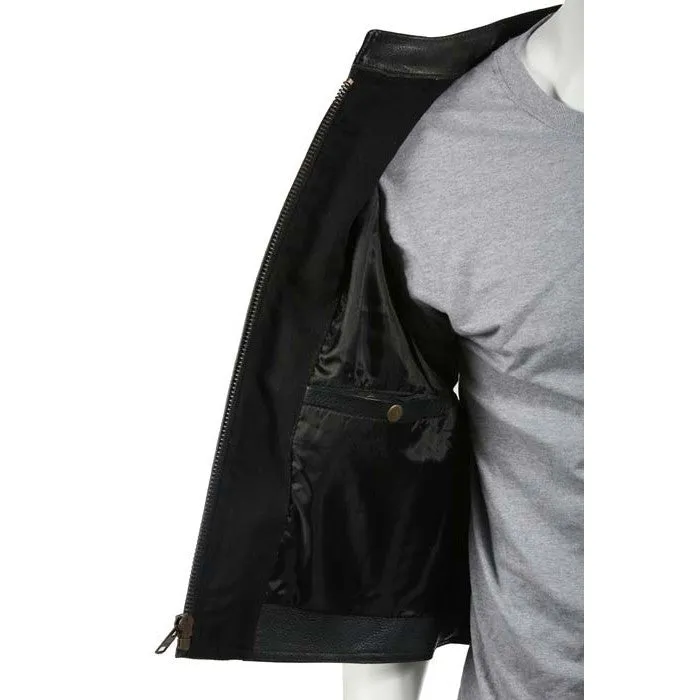 Mens Naked Leather Motorcycle Club Style Vest With Mandarin Stand Up Collar
