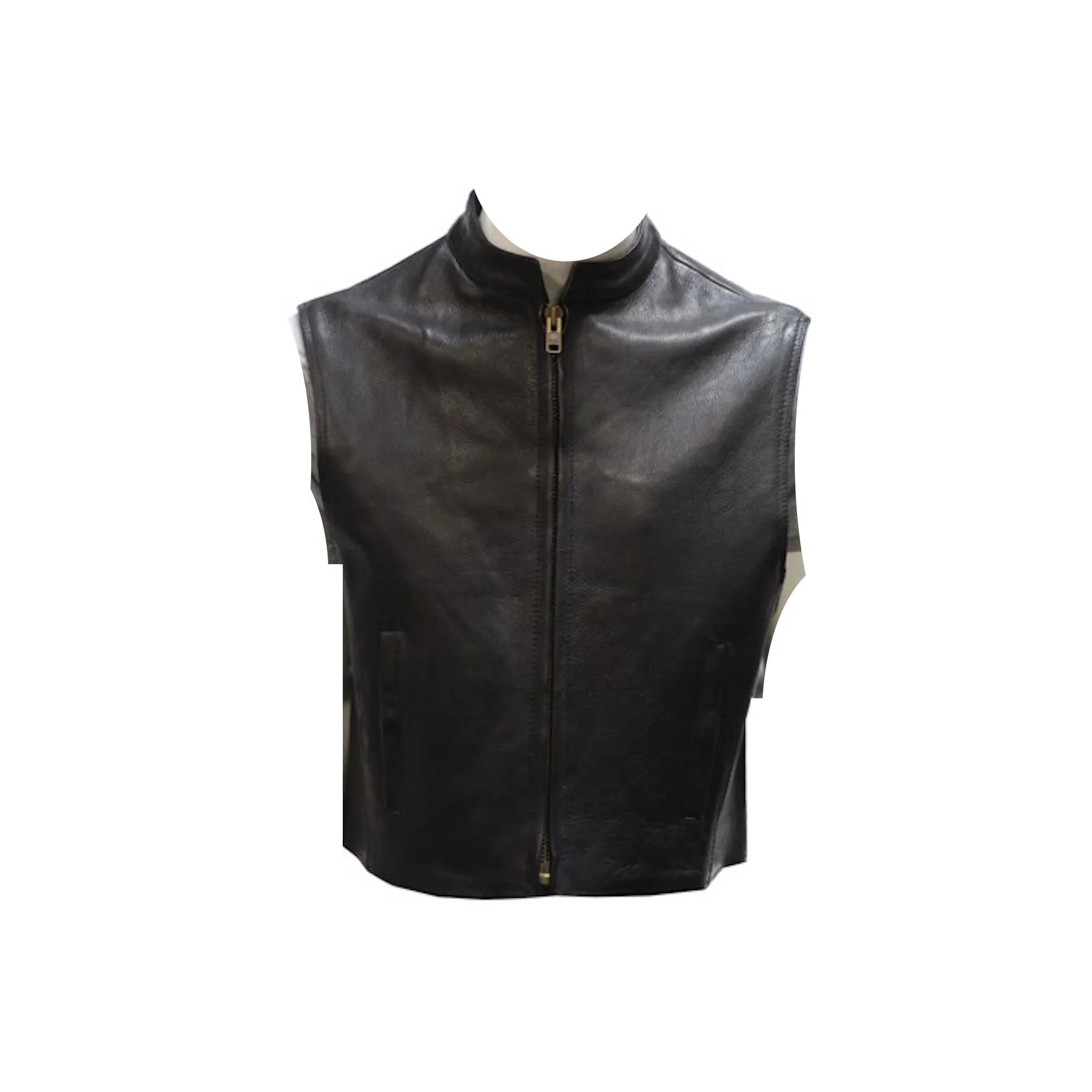 Mens Naked Leather Motorcycle Club Style Vest With Mandarin Stand Up Collar