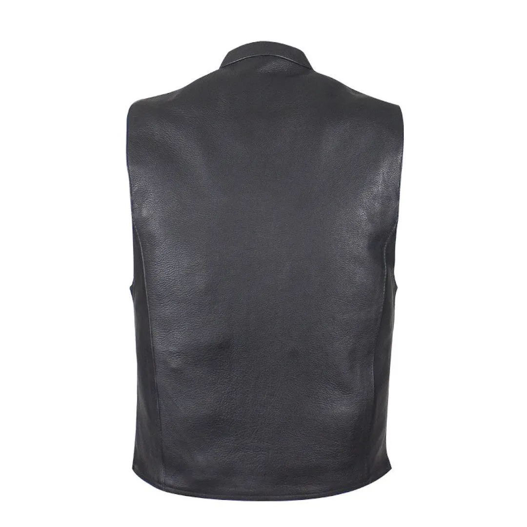 Mens Naked Leather Motorcycle Club Style Vest With Mandarin Stand Up Collar