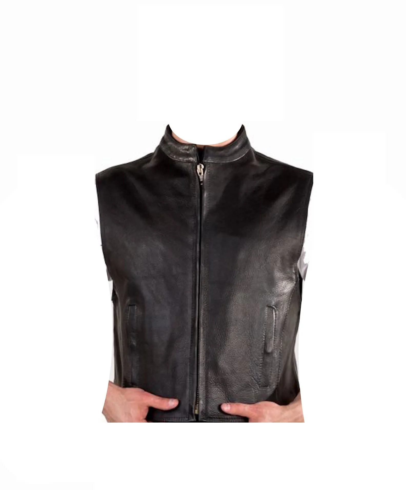 Mens Naked Leather Motorcycle Club Style Vest With Mandarin Stand Up Collar