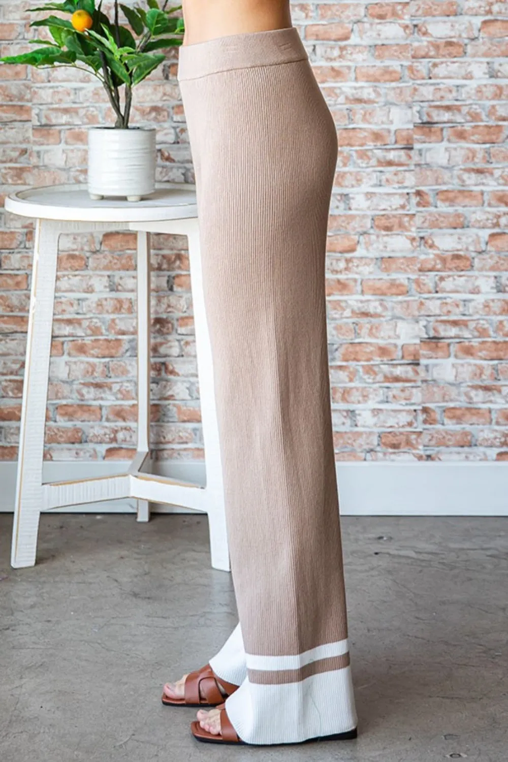 Mochachino Ribbed Knit Pants with White Stripe
