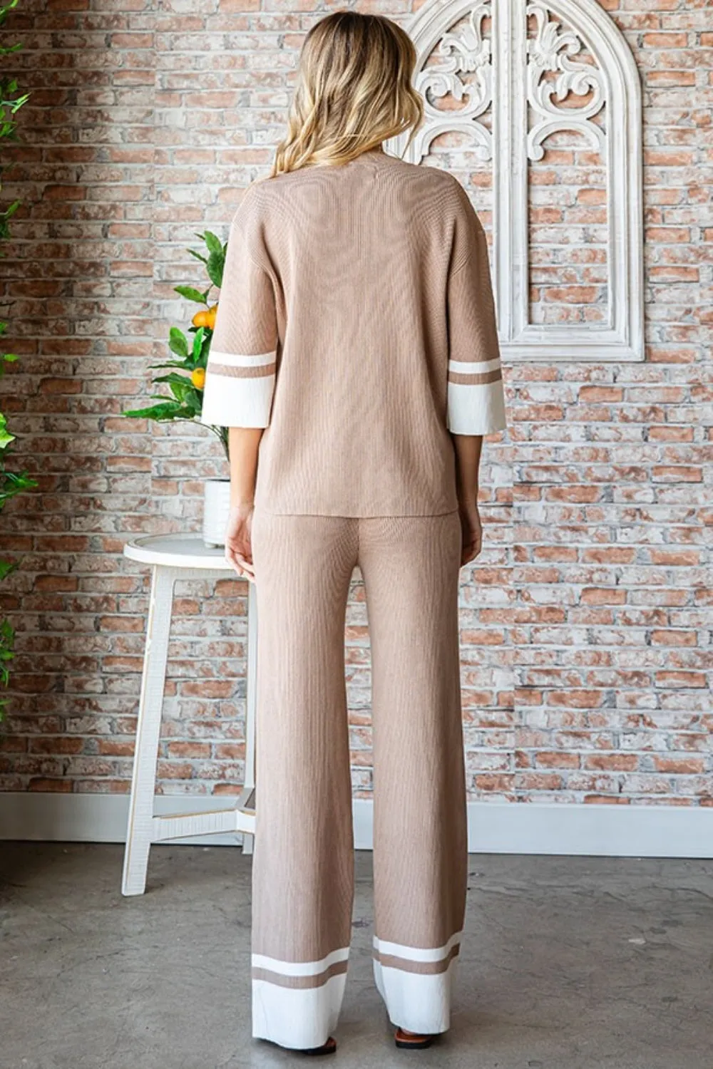 Mochachino Ribbed Knit Pants with White Stripe