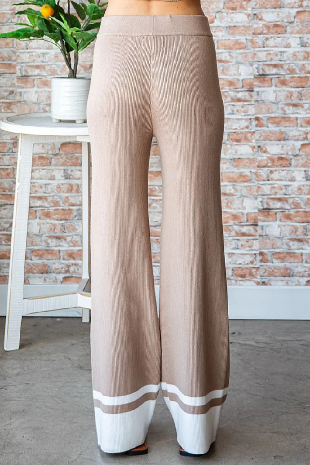 Mochachino Ribbed Knit Pants with White Stripe