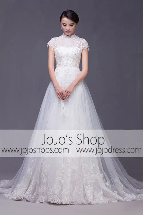 Modest Keyhole A-line Cap Sleeves Lace Overlay Wedding Dress | G2004