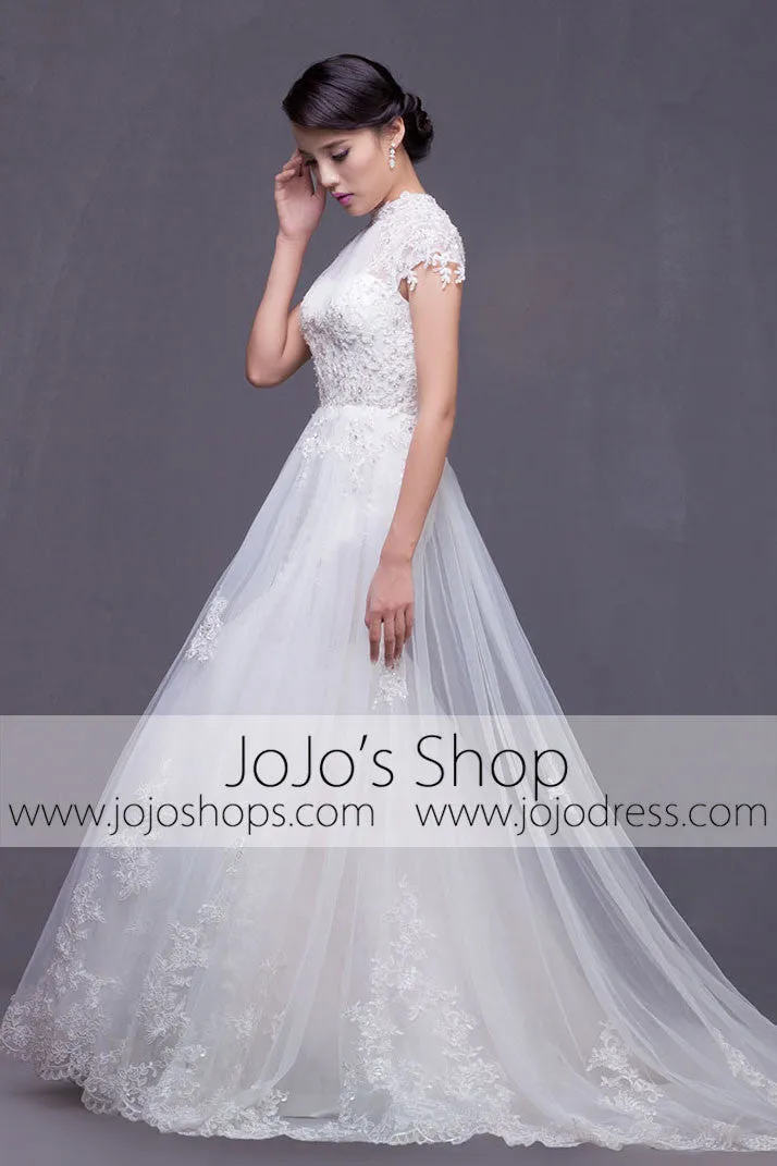 Modest Keyhole A-line Cap Sleeves Lace Overlay Wedding Dress | G2004