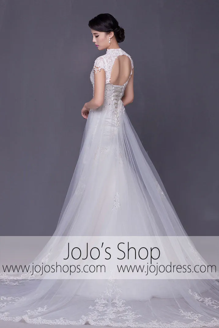 Modest Keyhole A-line Cap Sleeves Lace Overlay Wedding Dress | G2004