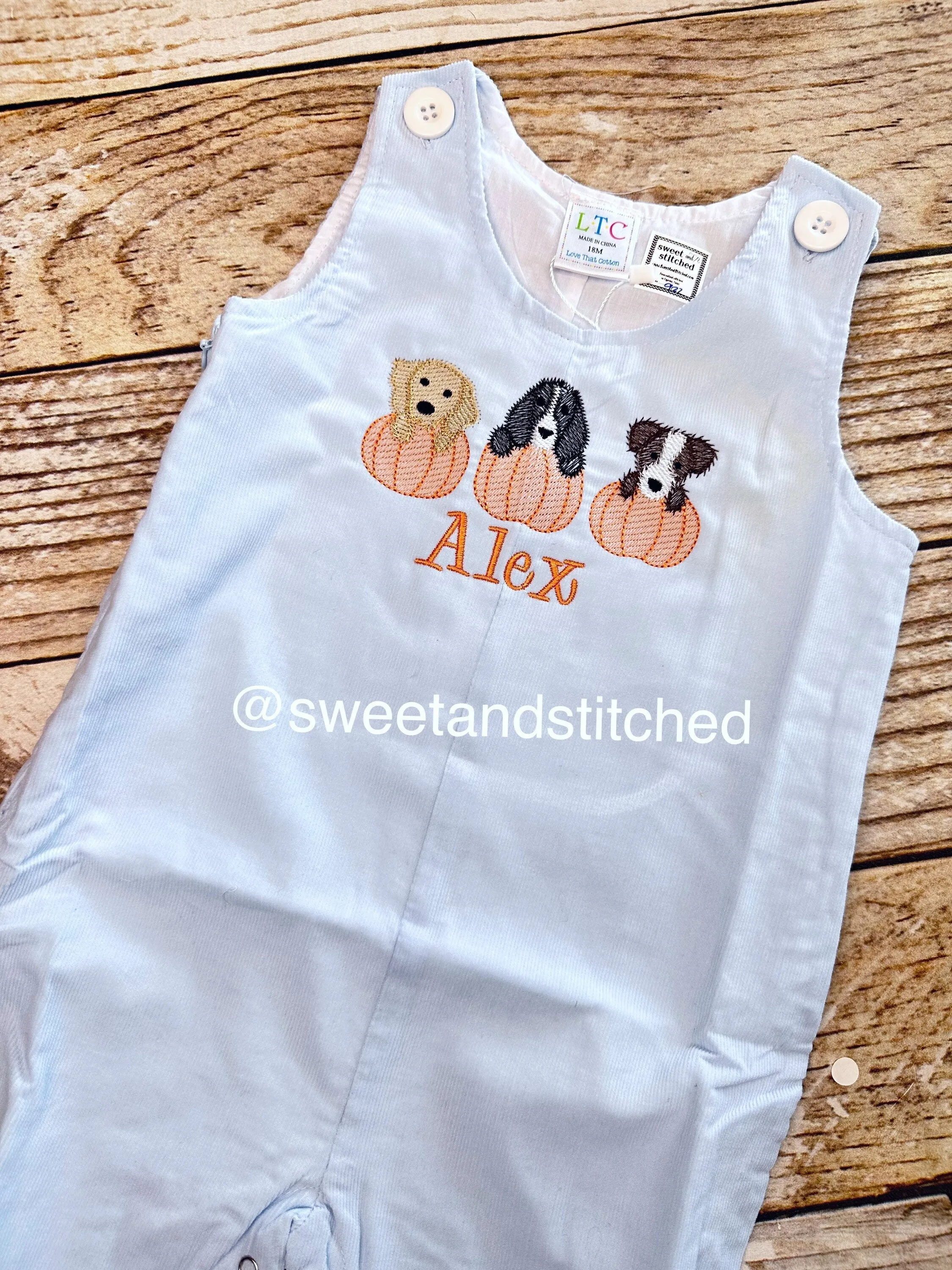 Monogrammed boys pumpkin overalls in baby blue corduroy, Boys halloween fall outfit with dogs and pumpkins, baby boy thanksgiving outfit