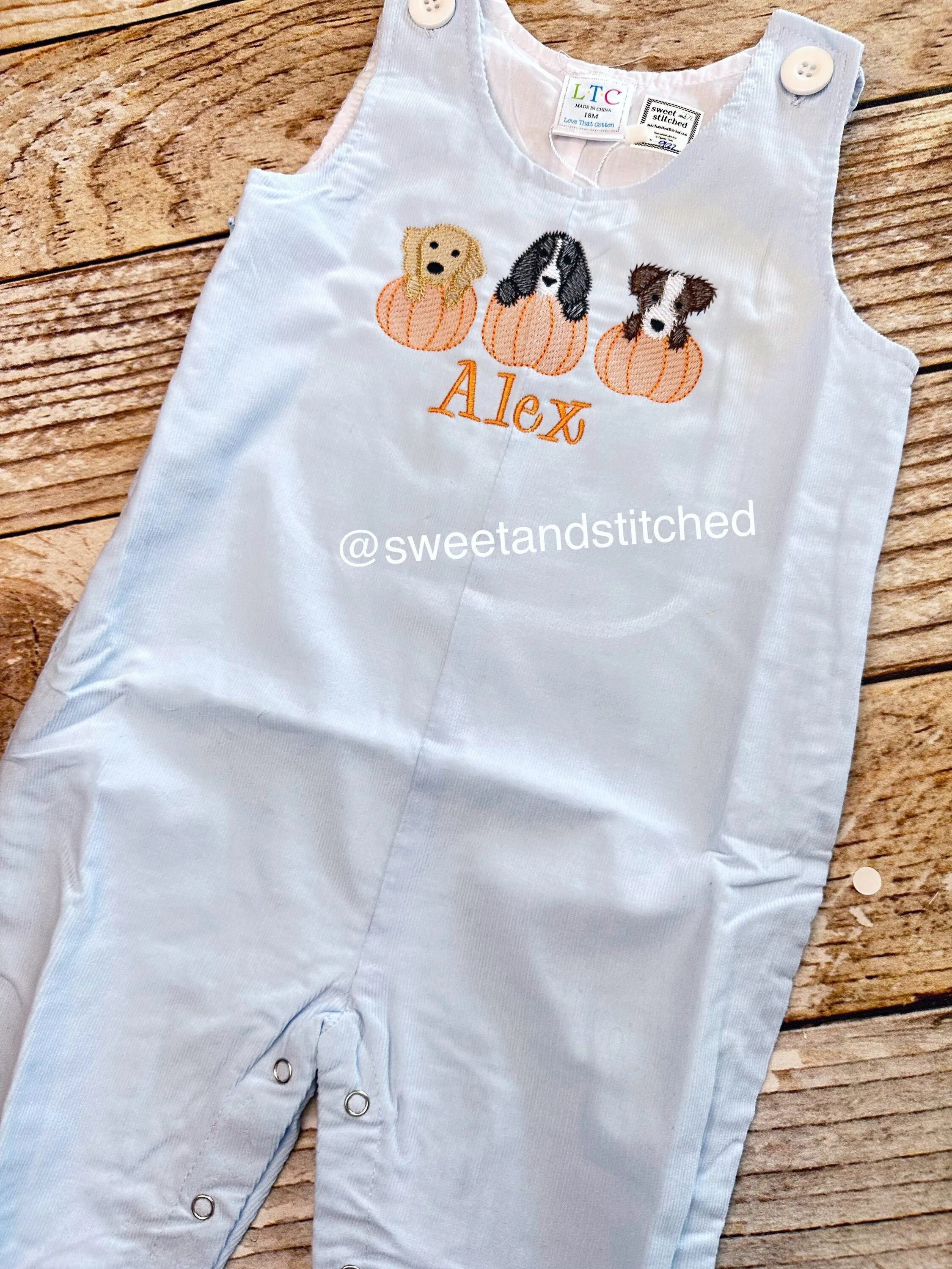 Monogrammed boys pumpkin overalls in baby blue corduroy, Boys halloween fall outfit with dogs and pumpkins, baby boy thanksgiving outfit