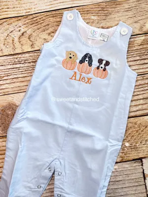 Monogrammed boys pumpkin overalls in baby blue corduroy, Boys halloween fall outfit with dogs and pumpkins, baby boy thanksgiving outfit