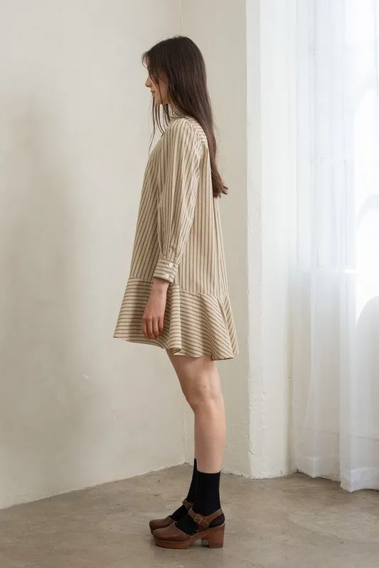 Natural Striped Flounce Hem Dress