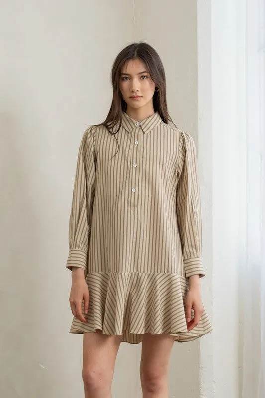 Natural Striped Flounce Hem Dress