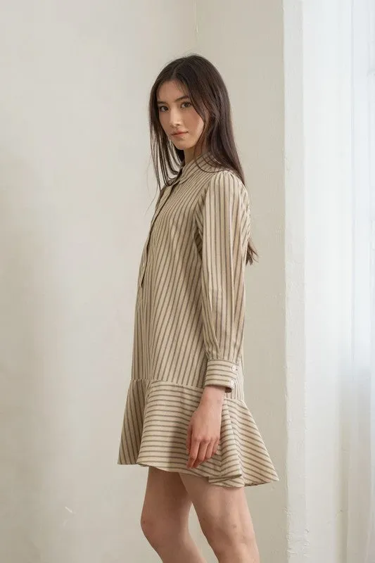 Natural Striped Flounce Hem Dress