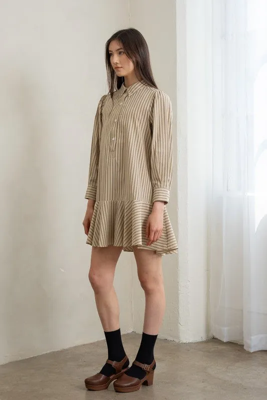 Natural Striped Flounce Hem Dress