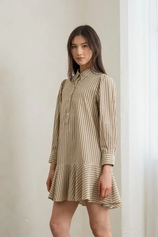 Natural Striped Flounce Hem Dress