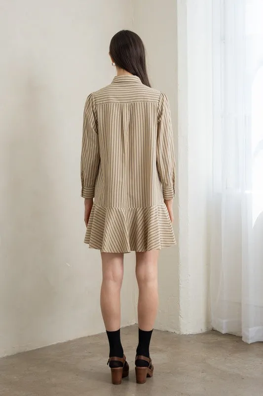 Natural Striped Flounce Hem Dress
