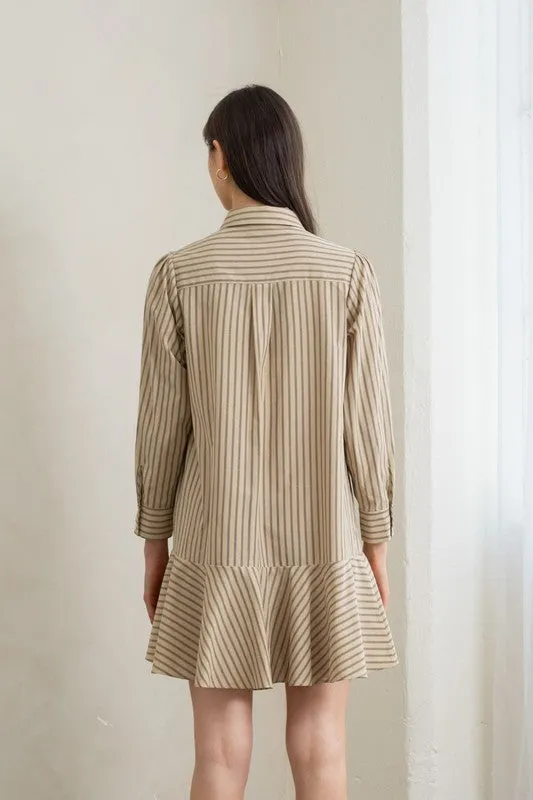 Natural Striped Flounce Hem Dress