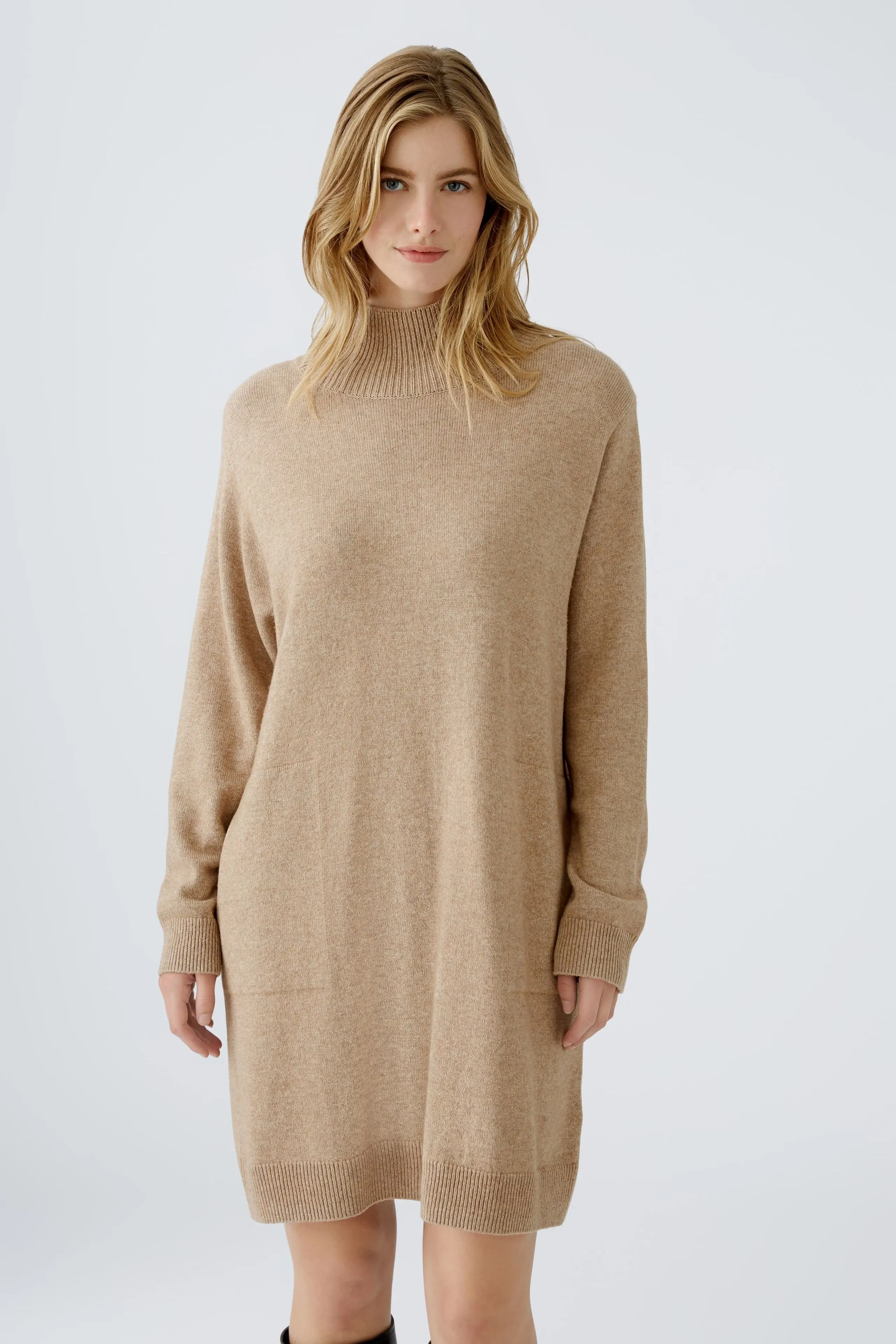 Oui Knitted High Neck Dress Beige