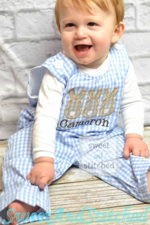 Personalized Boys Easter outfit with bunny design and name - Baby Boy Easter Outfit, Easter overalls, Easter monogrammed Longall outfit