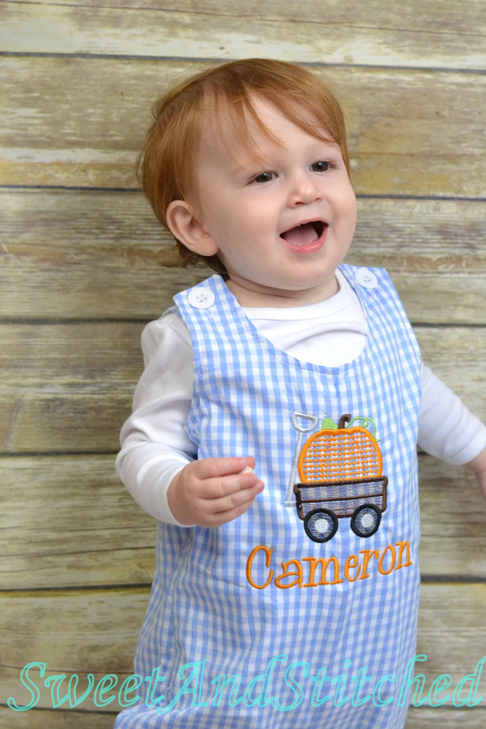 Personalized Boys Pumpkin outfit with pumpkin wagon design and name - Baby Boy fall, halloween