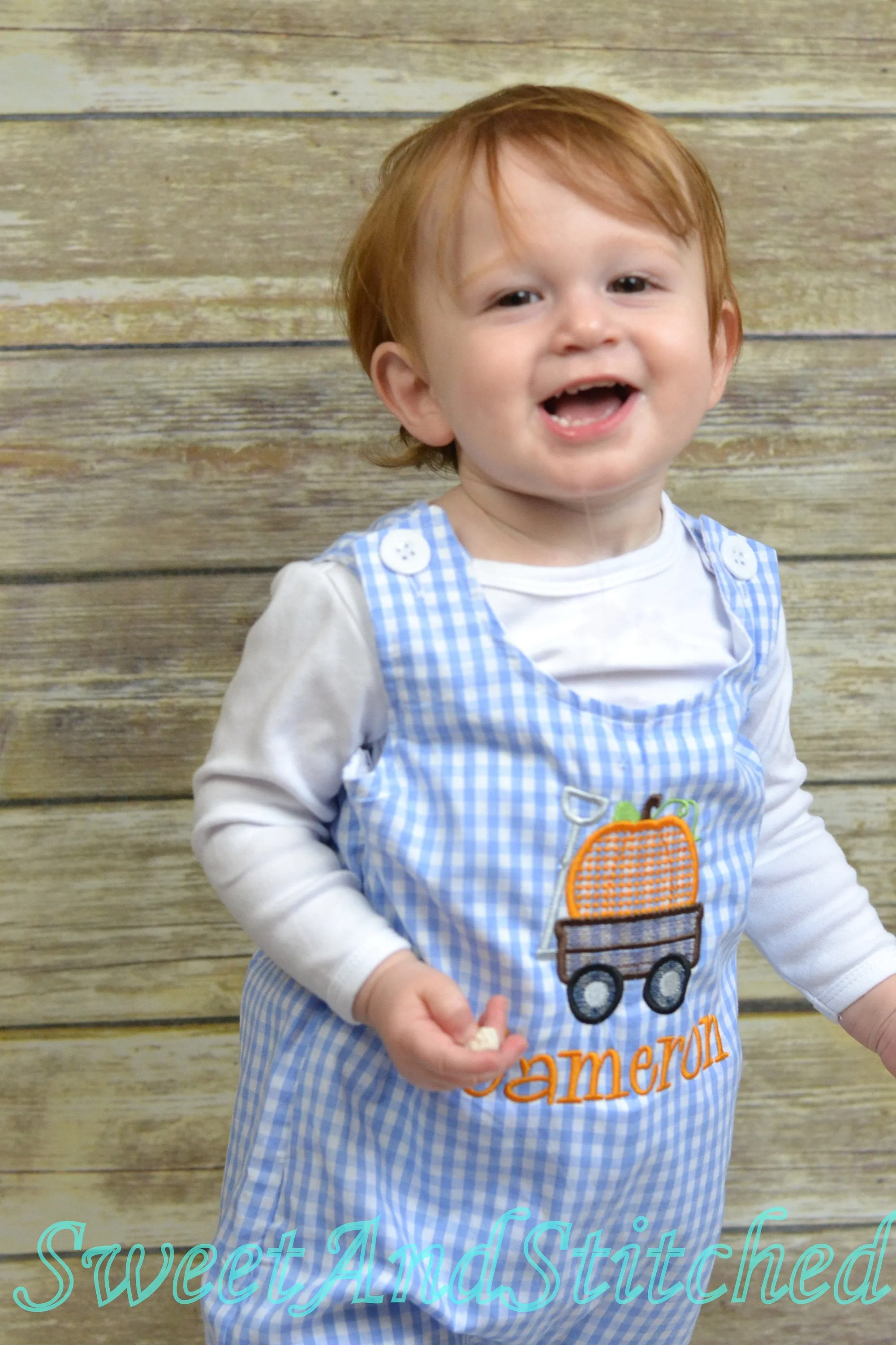 Personalized Boys Pumpkin outfit with pumpkin wagon design and name - Baby Boy fall, halloween