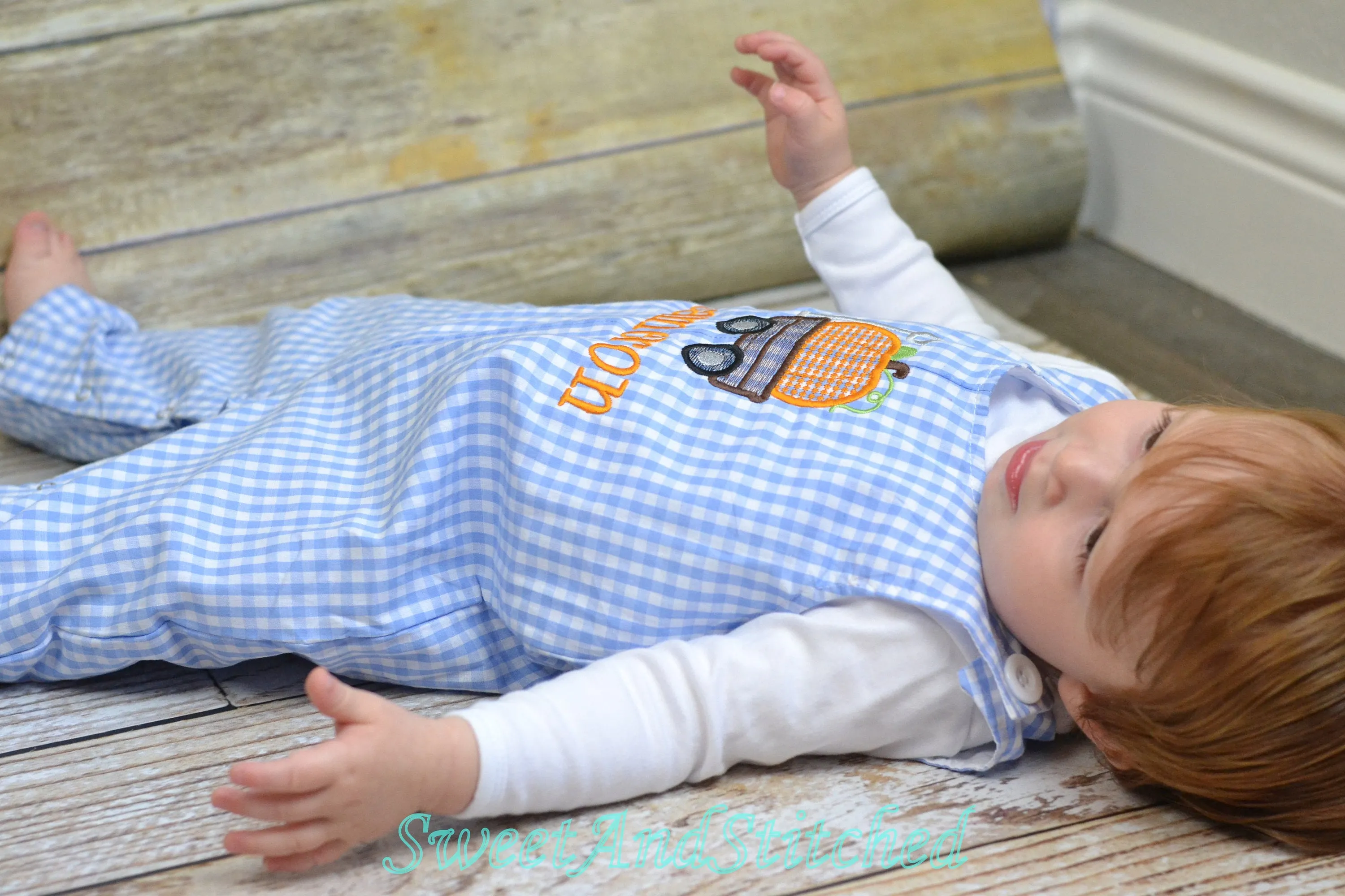 Personalized Boys Pumpkin outfit with pumpkin wagon design and name - Baby Boy fall, halloween