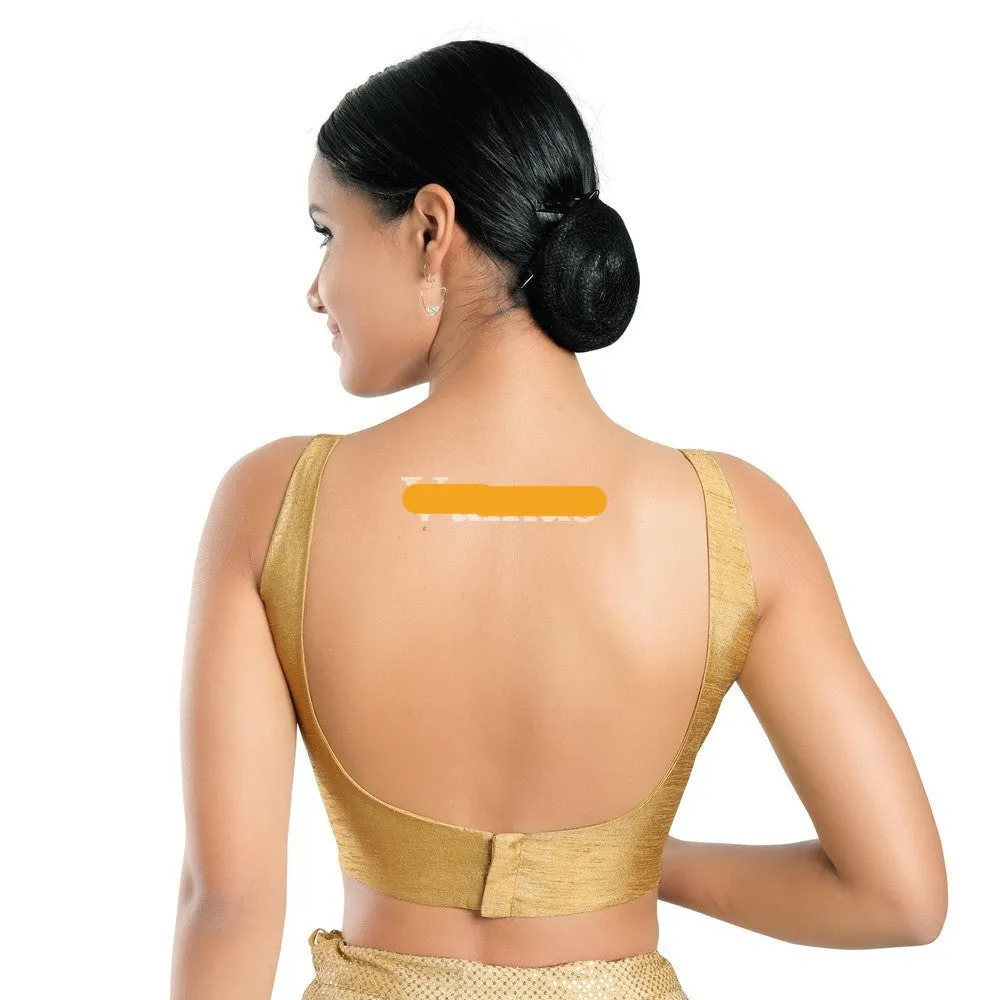 Readymade Dupion Silk Padded Back Open Sleeveless Gold Saree Blouse