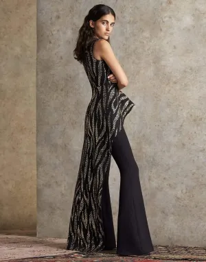 Safiyaa Black Asymmetric Glittered Draped Back Long Top XS