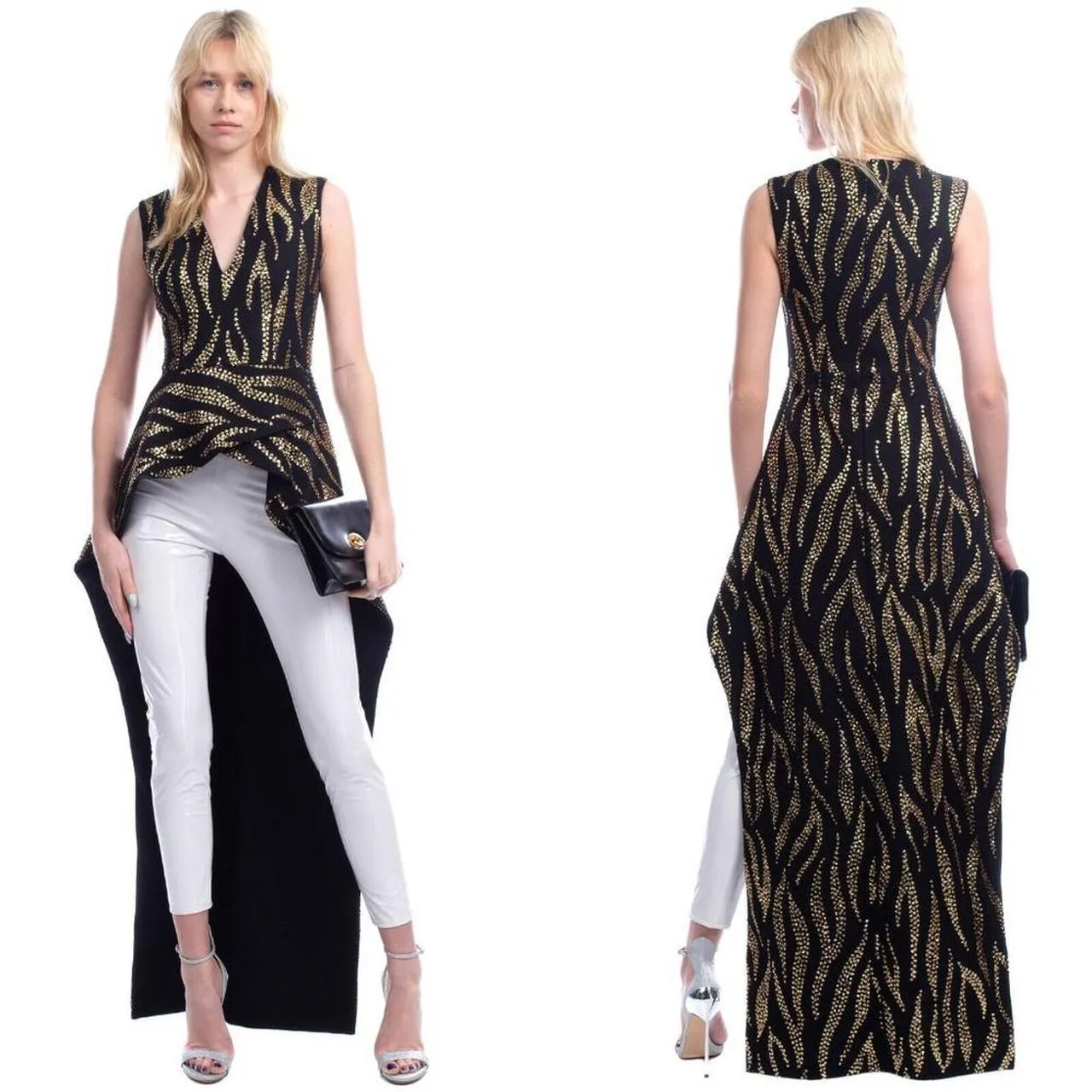 Safiyaa Black Asymmetric Glittered Draped Back Long Top XS