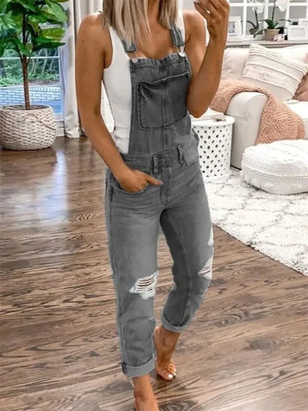 SALE Women's Ripped Skinny Denim Overalls
