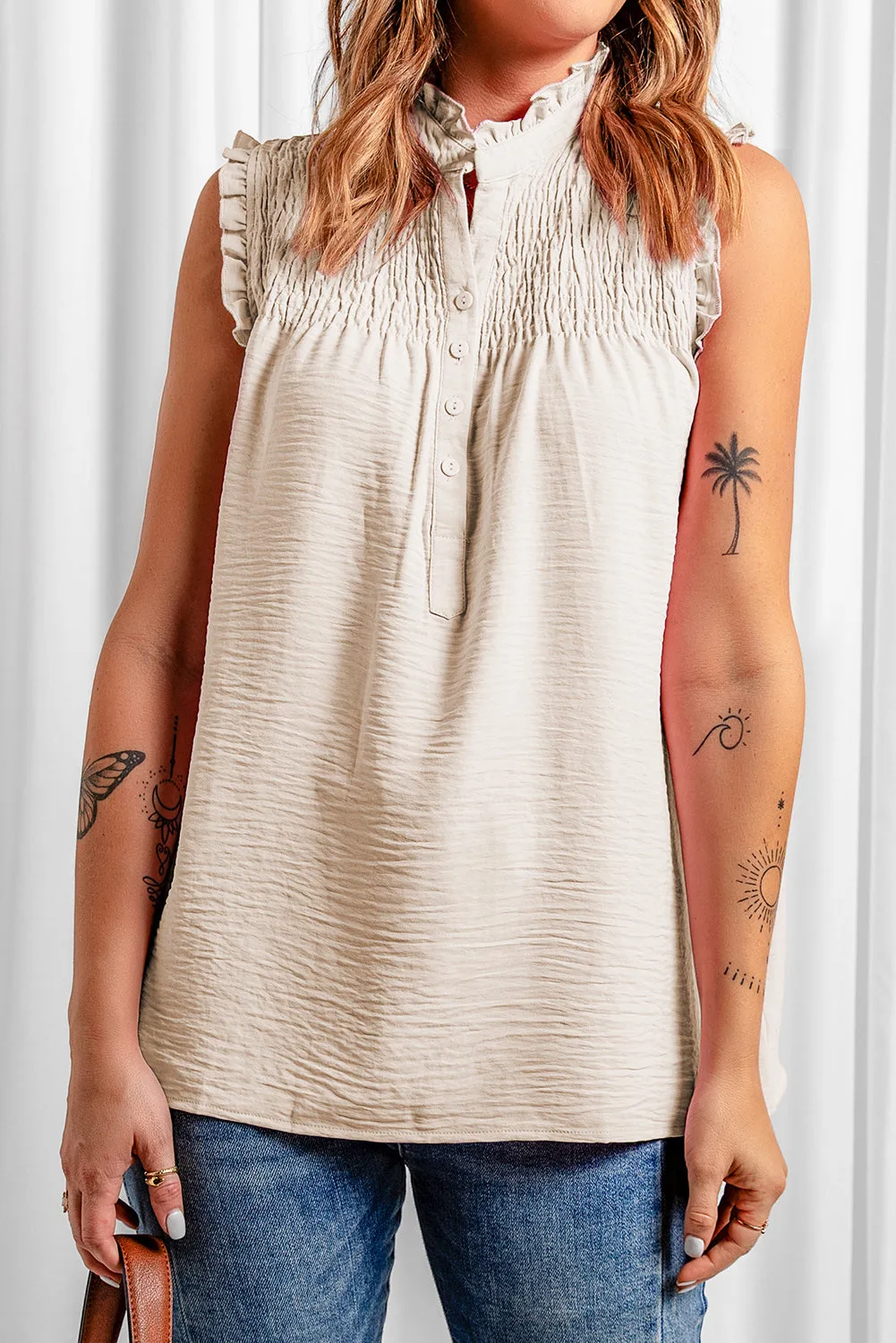 Smocked Half Buttoned Tank Top