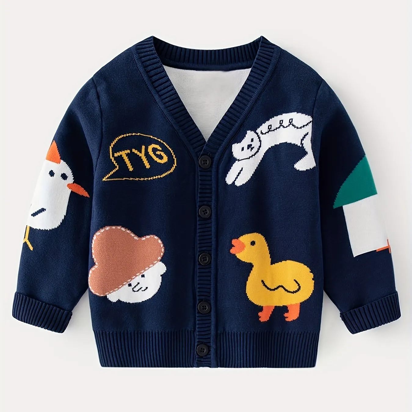 Soft V-Neck Cartoon Jacquard Knit Cardigan Sweater - Long Sleeve, Regular Fit, Slight Stretch, Hand Washable - Preppy Style for Boys and Girls, Perfect for Spring and Fall