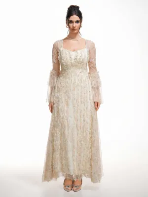 Sparkly Illusion Flared Sleeves Floral Long Prom Dresses