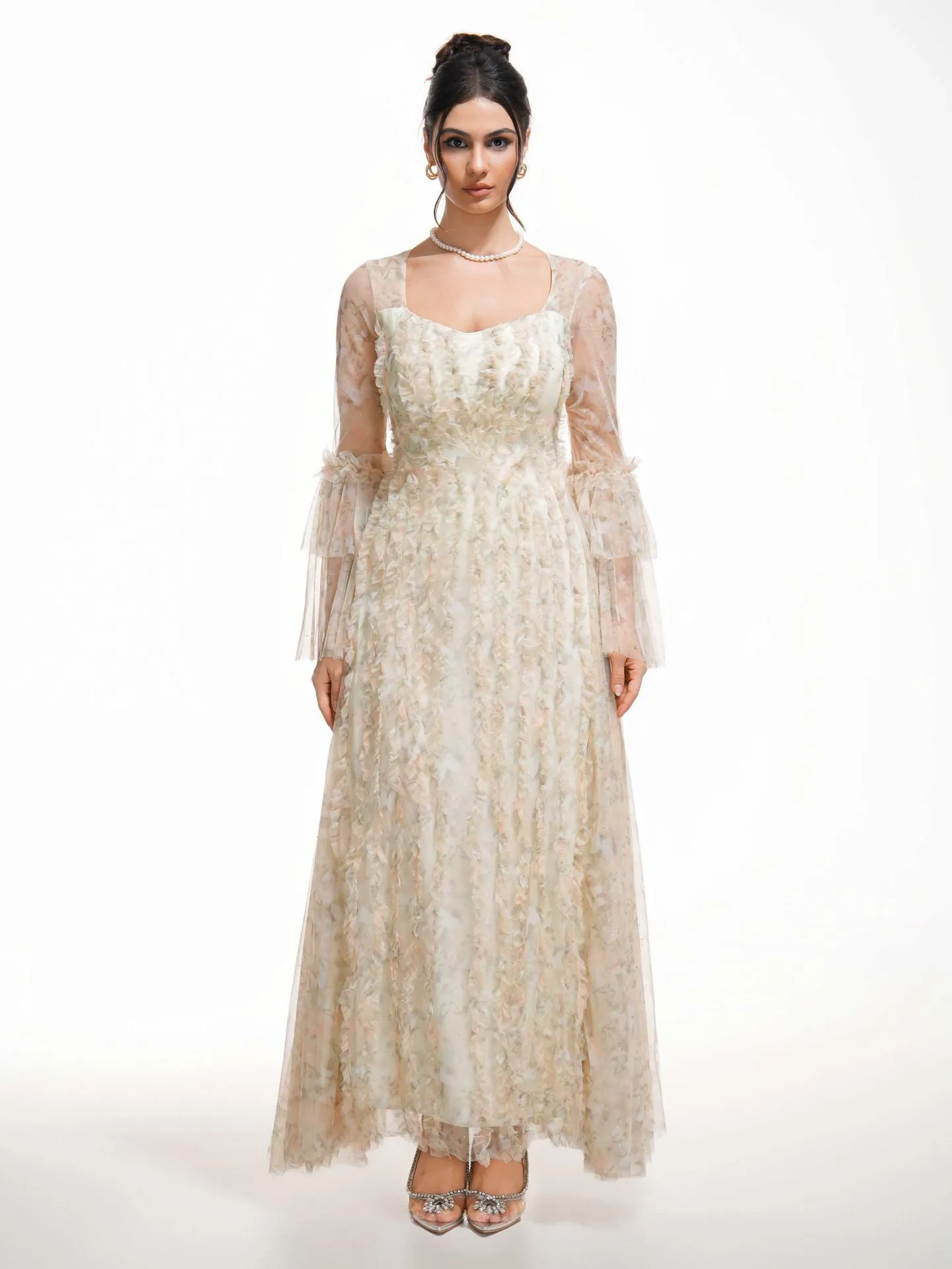 Sparkly Illusion Flared Sleeves Floral Long Prom Dresses