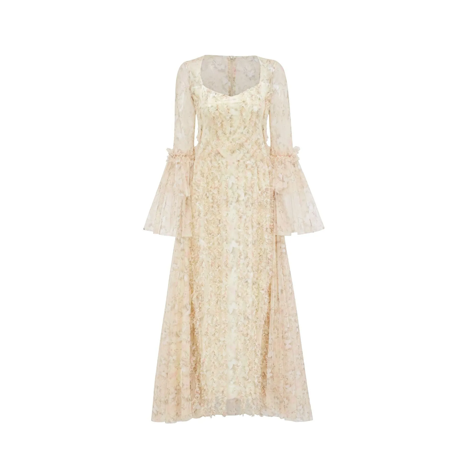 Sparkly Illusion Flared Sleeves Floral Long Prom Dresses