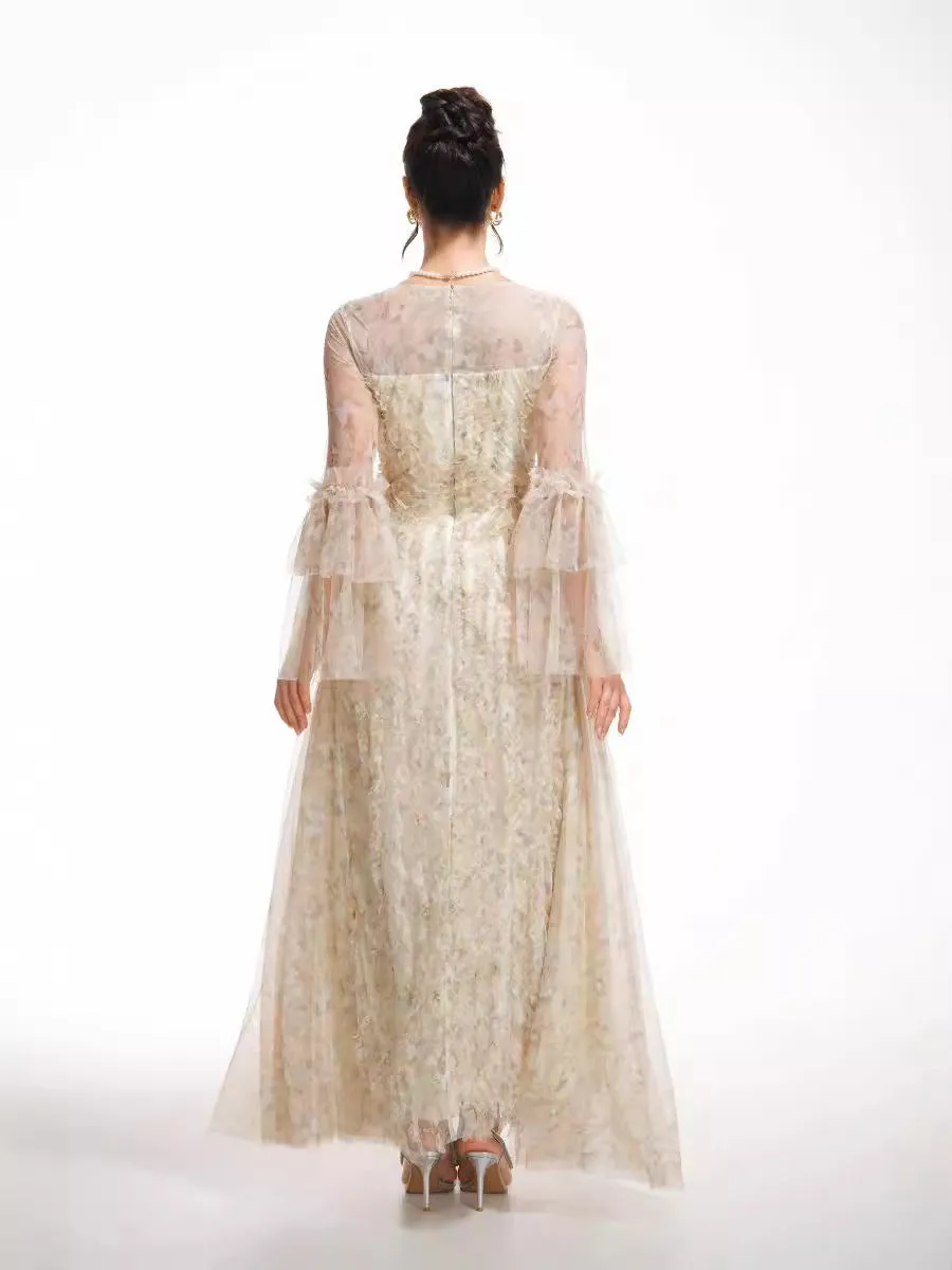 Sparkly Illusion Flared Sleeves Floral Long Prom Dresses