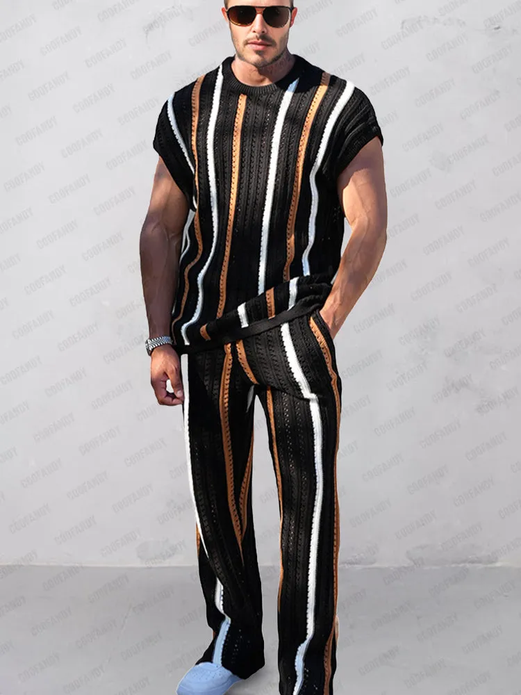 Trendy Stripes Openwork Knit Set