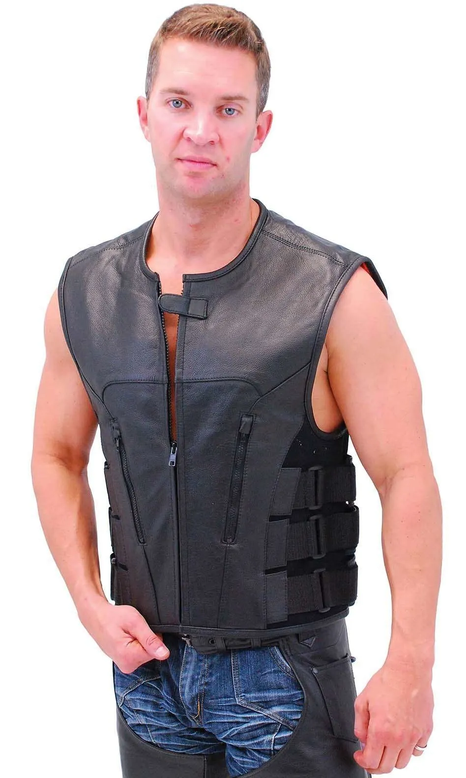 Triple Side Strap Leather Club Vest w/No Collar & Full Back #VM645CSL
