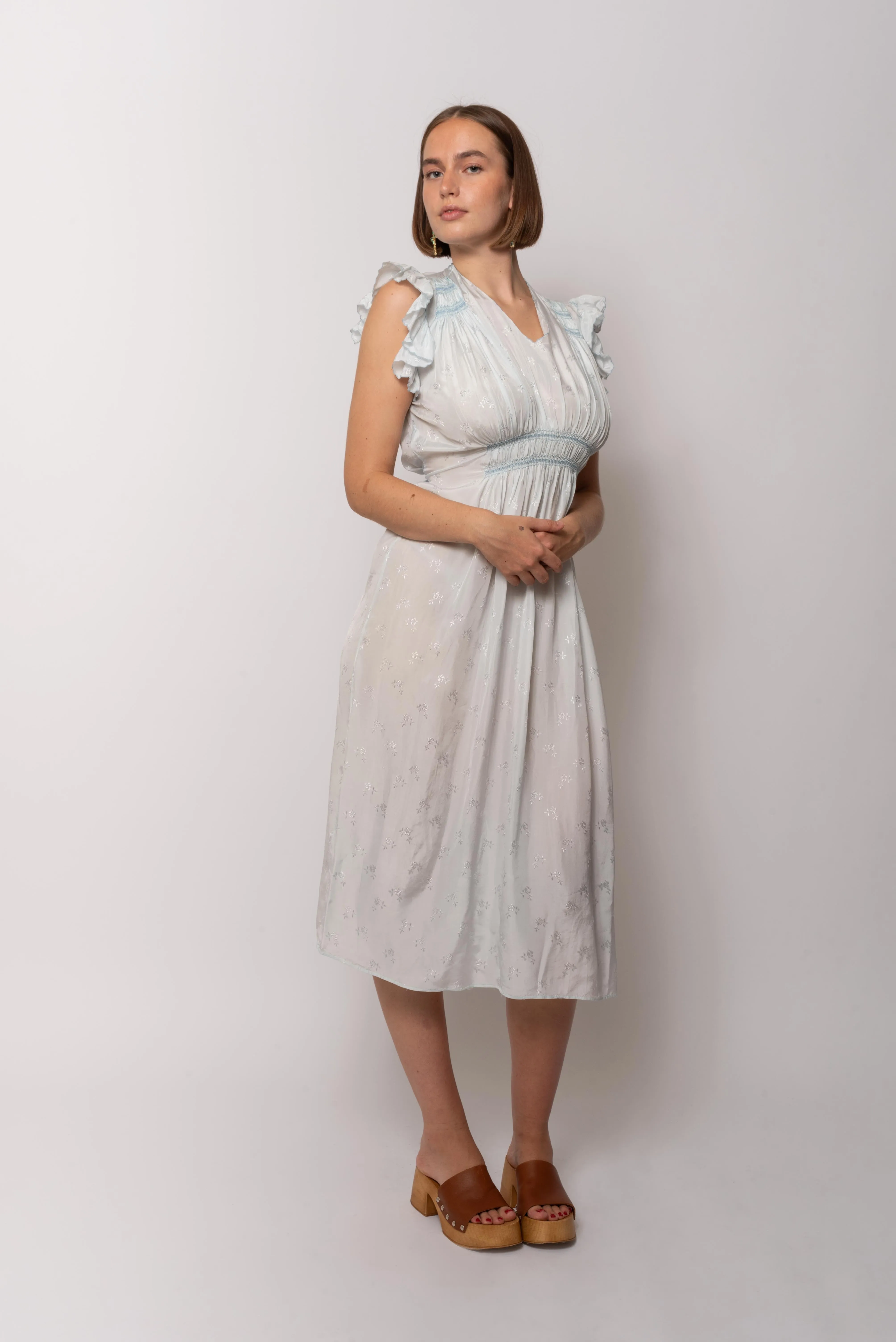 Vintage 1940s Rayon Sky Jacquard Floral Print Dress