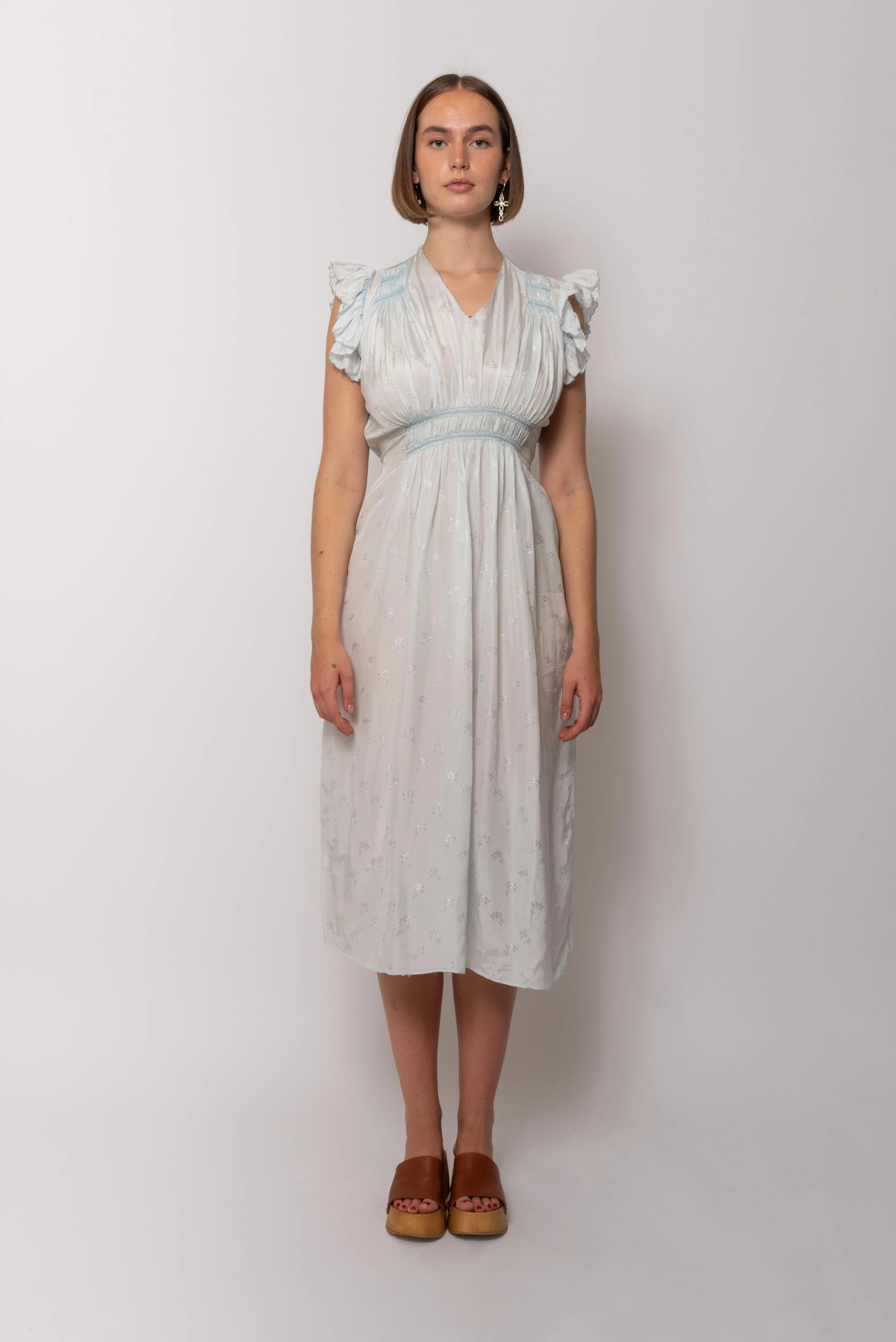 Vintage 1940s Rayon Sky Jacquard Floral Print Dress